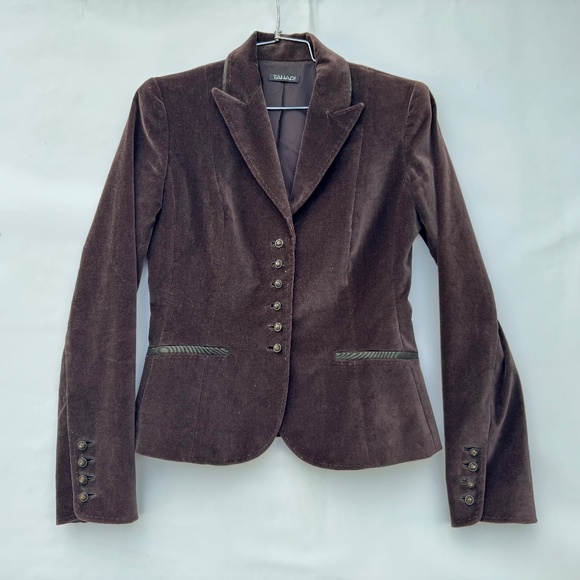 Tahari Brown Velvet Antiqued Filigree Button Single Breasted Blazer Size 4 - Picture 1 of 11